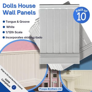 Dolls House Wall Panels, White, Tongue and Groove, Pack of 10, 1/12th Scale. (A1002) Free UK Postage.