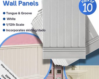 Dolls House Wall Panels, White, Tongue and Groove, Pack of 10, 1/12th Scale. (A1002) Free UK Postage.