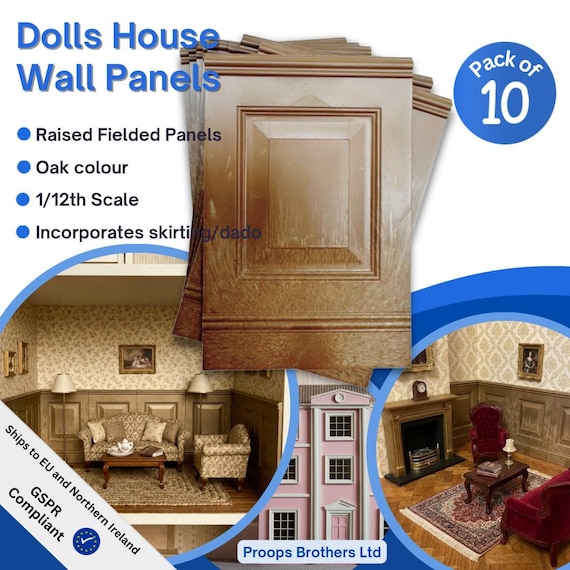 Dolls House Wall Panels, Oak, Fielded Panels, Pack of 10, 1/12th Scale. (A1003) Free UK Postage.
