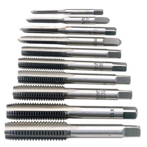 May include: A set of ten silver-coloured tap and die sets with a square head. The tap and die sets are arranged vertically in order of size, with the smallest at the top and the largest at the bottom. The tap and die sets are labelled with their size and thread pitch.