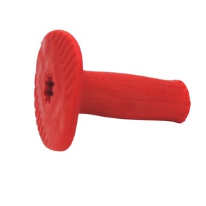 May include: Red rubber bicycle handlebar grip with a textured surface and a circular end cap.