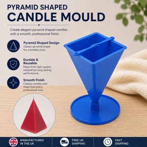 May include: A blue pyramid-shaped candle mould with a circular base and a top crossbar. The text on the image reads: PYRAMID SHAPED CANDLE MOULD, Pyramid Shaped Design, Durable & Reusable, Smooth Finish. A small circular inset shows a red pyramid candle.