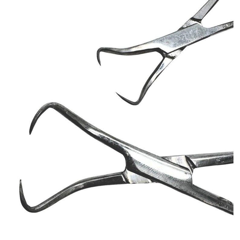 Puede incluir: Primer plano de dos instrumentos quir&uacute;rgicos con puntas curvas en forma de gancho. Las herramientas met&aacute;licas son de color plateado y parecen estar hechas de acero inoxidable. Instrumentos para procedimientos m&eacute;dicos o dentales.