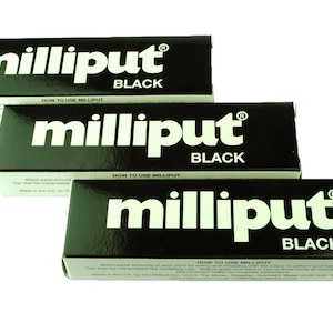 May include: Three tubes of black Milliput epoxy putty. The tubes are stacked on top of each other. The tubes have a black background with white text that reads "milliput" and "BLACK". The text "HOW TO USE MILLIPUT" is also printed on the tubes.