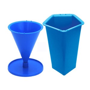 May include: A blue plastic funnel with a wide base and a narrow spout, and a blue plastic hexagonal container.