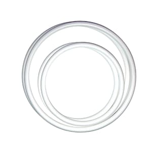 May include: Two white plastic rings, one inside the other, creating a concentric circle design.
