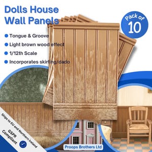 Dolls House Wall Panels, Light Brown Wood Effect, Tongue and Groove, Pack of 10, 1/12th Scale. (A1014) Free UK Postage.