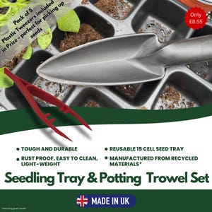 Linic Products UK Made Seedling Starter Kit (15 Cell Full Size Seed Tray, Garden Potting Trowel, Plastic Tweezers). (X8173) Free UK Postage.