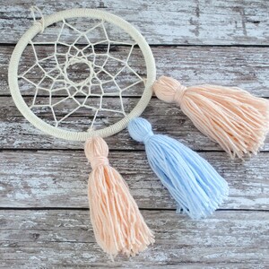 May include: A white dream catcher with a macrame design and three tassels. Two tassels are light pink and one is light blue.