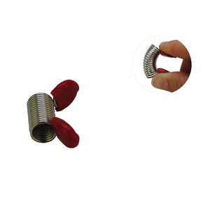 May include: A silver spring coil with red plastic ends. The coil is compressed and the ends are bent outward. The coil is shown in two positions, one with the ends extended and one with the ends compressed.