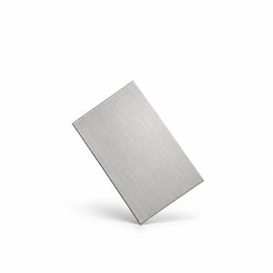 May include: A rectangular metal plate with a brushed silver finish. The object is positioned at an angle, showcasing a smooth, metallic surface with fine, linear graining throughout. The edges are clean and sharp, reflecting a neutral light.