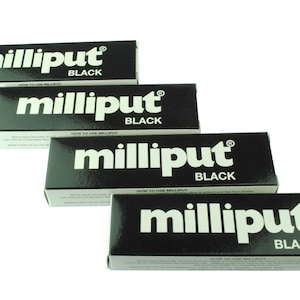 May include: Four tubes of black Milliput epoxy putty. Each tube has the brand name "Milliput" and the word "Black" printed on it.