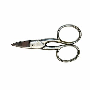 May include: Silver-toned metal scissors with a pointed tip and two circular handles.