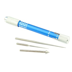 May include: A blue metal tool with a silver handle and three silver metal rods. The tool is used for sharpening and polishing.