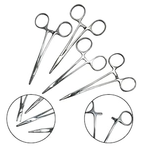 May include: Several stainless steel surgical forceps with ring handles are displayed against a white background. The forceps have pointed tips and are designed for medical procedures. Two close-up circular insets show details of the tips and handles.