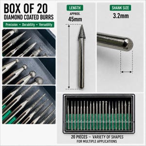 May include: A box of 20 diamond coated burrs featuring a variety of shapes for multiple applications. The set includes metal bits with a shank size of 3.2mm and an approximate length of 45mm. The text reads Box of 20 Diamond Coated Burrs.