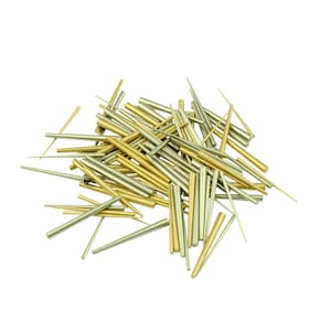 May include: A pile of gold and silver metal rods, some are pointed and some are blunt.