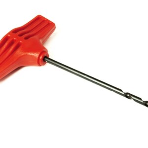 May include: A red plastic T-handle with a black metal drill bit. The drill bit is twisted and has a pointed tip.