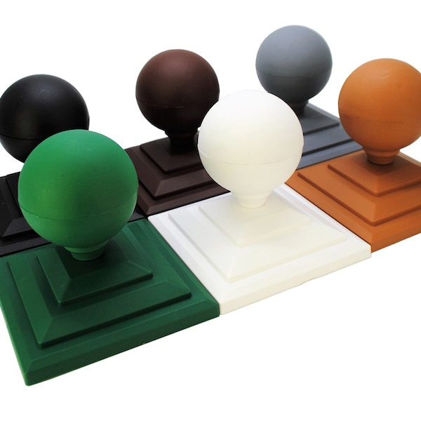 Fence Finial, Round/Sphere Shape & 4" Square Fence Post Cap Set. PLASTIC, Rot Proof. UK Made. Free UK Postage