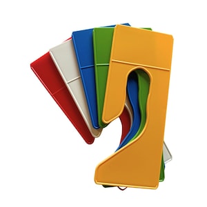 May include: A set of five plastic garment hangers in red, white, blue, green, and yellow. The hangers are shaped like a person's torso with a cutout for the head and arms.