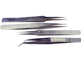 Tweezers, Set of 4 Super Fine Quality Stainless Steel. Sizes 4, GG, MM and 6" Bent Nose (S7503) Free UK Postage