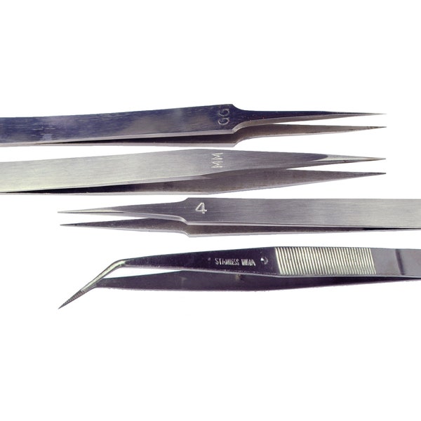Tweezers, Set of 4 Super Fine Quality Stainless Steel. Sizes 4, GG, MM and 6" Bent Nose (S7503) Free UK Postage