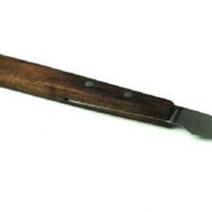May include: A small, vintage-style knife with a curved blade and a wooden handle. The handle is dark brown and appears to be made of wood. The blade is silver and slightly curved. The knife is designed for precision cutting.