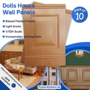 Dolls House Wall Panels, Light Brown, Fielded Panels, Pack of 10, 1/12th Scale. (A1010)  Free UK Postage