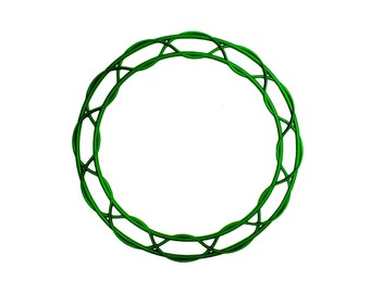 May include: A circular frame constructed from two intertwined green wire rings. The structure features a repeating pattern of overlapping loops created by the two distinct wire circles, forming a symmetrical, open-work design in a vibrant green color.
