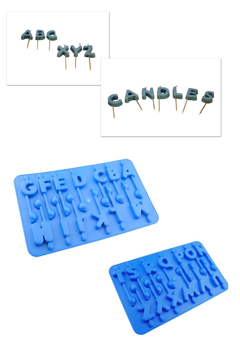 K&ouml;nnte beinhalten: Das Bild zeigt Buchstabenkerzen und Silikonformen. Die Kerzen haben die Form der Buchstaben A, B, C, X, Y und Z sowie des Wortes "CANDLES". Zwei blaue Silikonformen sind mit Buchstaben gef&uuml;llt. Die Formen dienen zur Herstellung von Buchstaben.