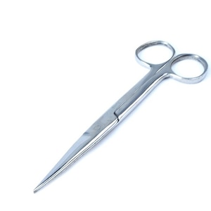 May include: A pair of stainless steel surgical scissors with a pointed tip and a closed blade.
