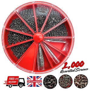 May include: A red, circular organizer filled with assorted screws. The organizer is divided into multiple compartments, each containing a different type of screw. The text "1,000 Assorted Screws" is visible. The organizer is a useful tool for hardware and DIY projects.