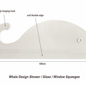 May include: White plastic shower squeegee with a hanging hook and a soft flexible edge. The squeegee measures 6 inches by 15 inches.