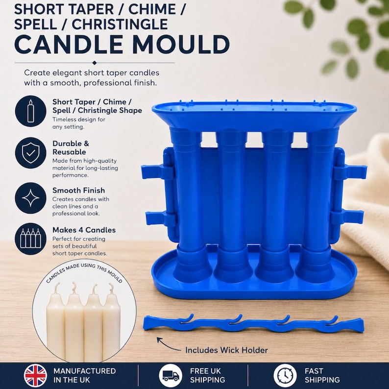Peut inclure: Un moule &agrave; bougie en plastique bleu con&ccedil;u pour cr&eacute;er quatre bougies courtes de type taper, chime, spell ou christingle. L'ensemble comprend la structure principale du moule &agrave; quatre cavit&eacute;s et une pi&egrave;ce s&eacute;par&eacute;e porte-m&egrave;che bleue.