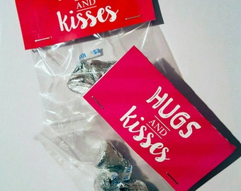 Hugs & Kisses Printable kid Valentine class card toppers for treat bags