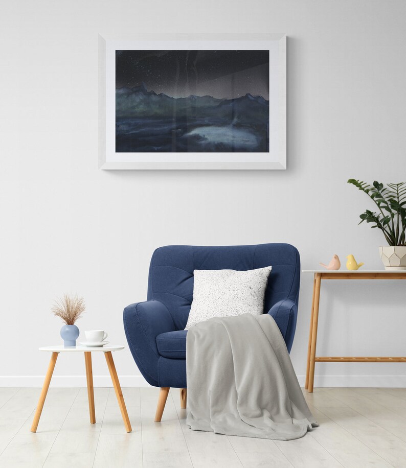 Watercolor Blue Mountain Wall Art Night Sky Printable Art Etsy