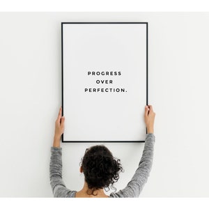 Motivational wall decor, Progress over perfection, Home office decor, Motivational quote print, Fintess home gym decor, Office printable art image 2