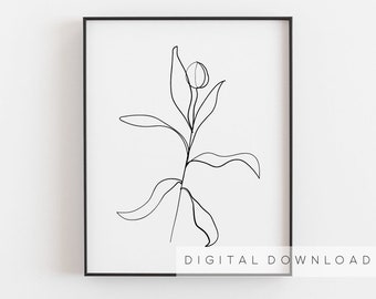 Flower wall print, Flower printable art, Floral line art Simple botanical print, Minimalist flower printable art, Leaf plant bedroom art