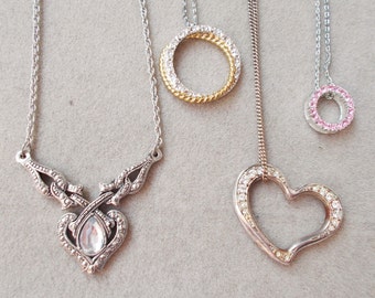 Lot of 4 Avon RHINESTONE NECKLACES Pink Crystal Infinity Open Heart Double Ring Victorian Look Silvertone Silver & Gold Plated (cr)