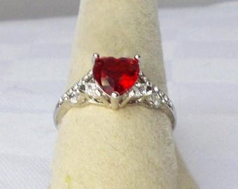 925 Plated FASHION RING Red Heart Cz Women Size 10 NOS