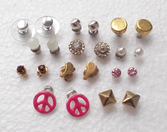 11 pair STUD EARRINGS Catseye Crystal Peace RS Halo .60