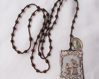 Brown Cord KNOTTED ROSARY 5 Decade Mary Jesus Medallion Italy 19” No Cross