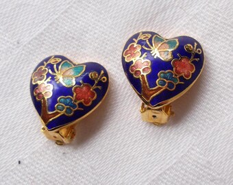 Genuine CLOISONNE EARRINGS Blue Butterfly Domed Heart Clip NOS