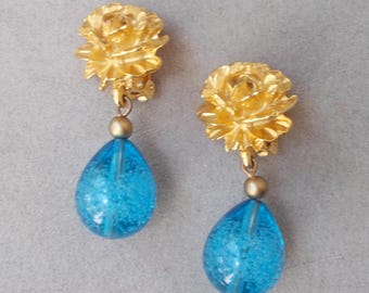 Les Bernard 2 1/4” DROP EARRINGS Gold Rose Blue Ball 1980s