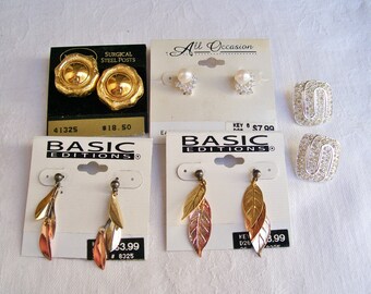 Lot of 5 pr MODERN EARRINGS Monet Napier Pierced Goldtone Silvertone On Cards Rhinestone Faux  Pearl Dangle Leaves .57