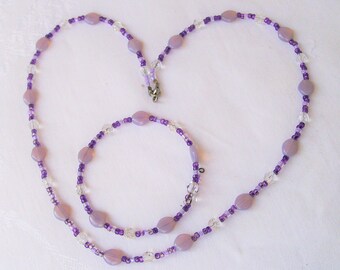 Purple Crystal Bead NECKLACE & BRACELET SET Clear Crystal Amethyst Faceted Opal Glass February Birthday Gift Memory Wire
