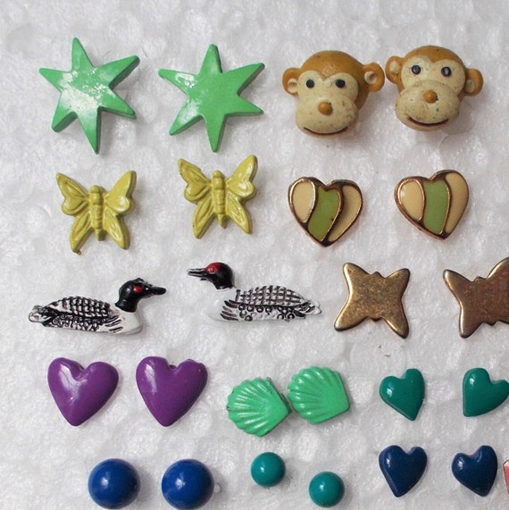 20 pair TINY STUD EARRINGS Enamel Monkey Star Hea… - image 8