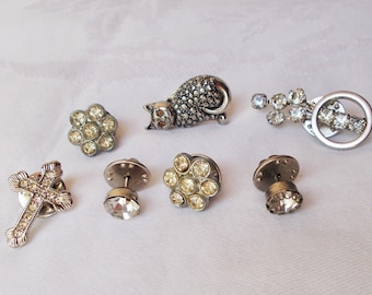 7 pc RHINESTONE HAT PINS Tie Tac Lapel Rhinestone Marcasite Cross Cat Floral .J