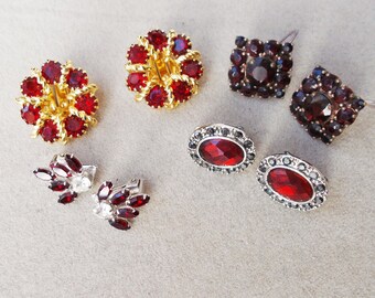 4 Pair RHINESTONE EARRINGS Clip-On Screw Vintage Red Gray Clear Crystal .84