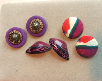 3 Pair Large CLIP ON EARRINGS Purple Lacquer Wood Leather Fabric Button .112
